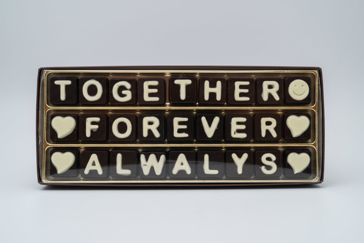 Chocolate letters spelling 'TOGETHER FOREVER ALWAYS' in a decorative box.