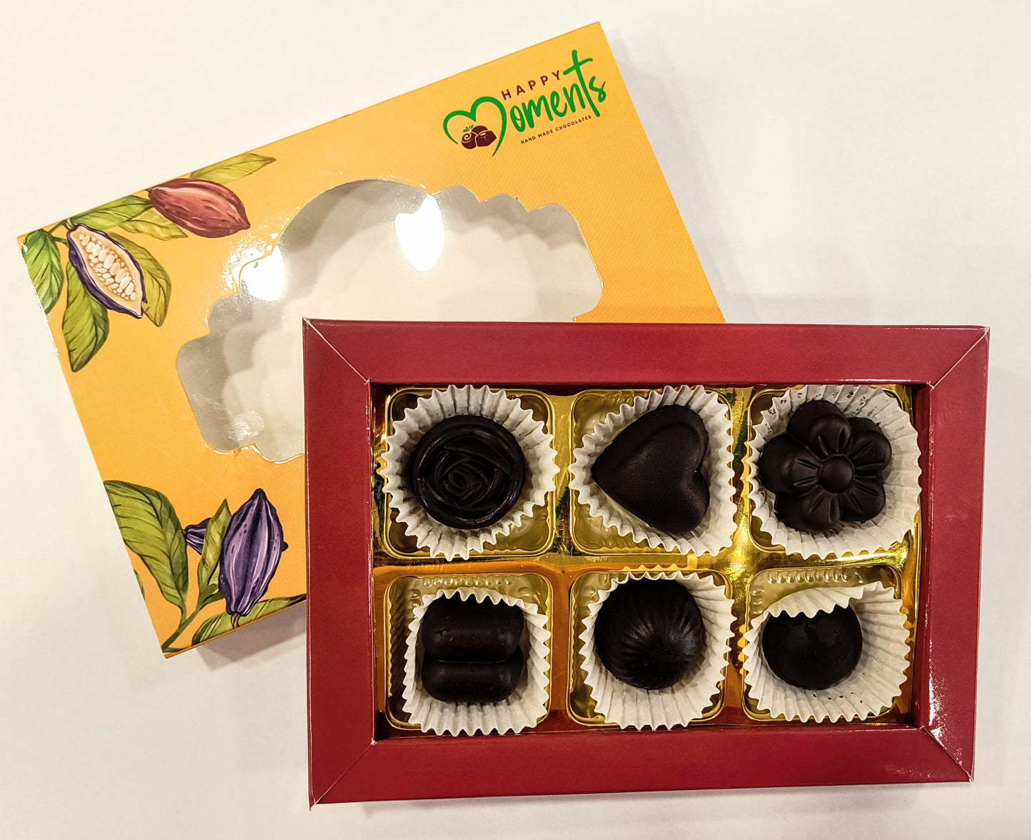 Six pieces of centre filling chocolate.