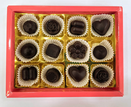 Tweleve pieces of centre filling chocolate.