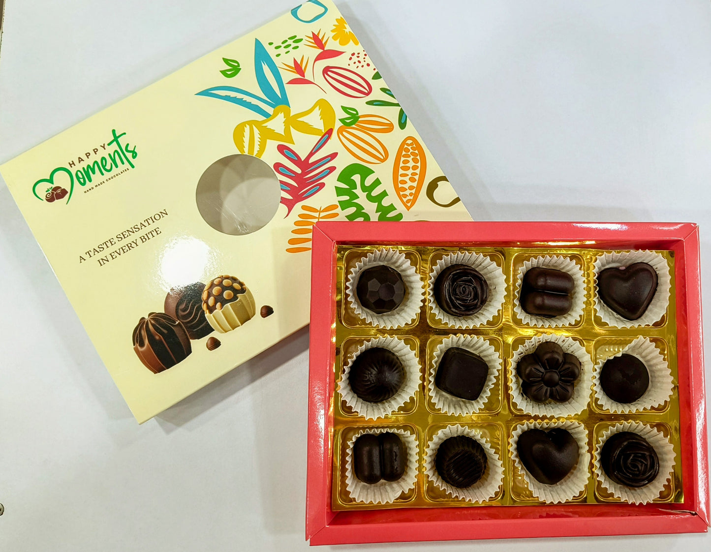 Tweleve pieces of centre filling chocolate.