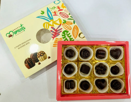 Tweleve pieces of centre filling chocolate.